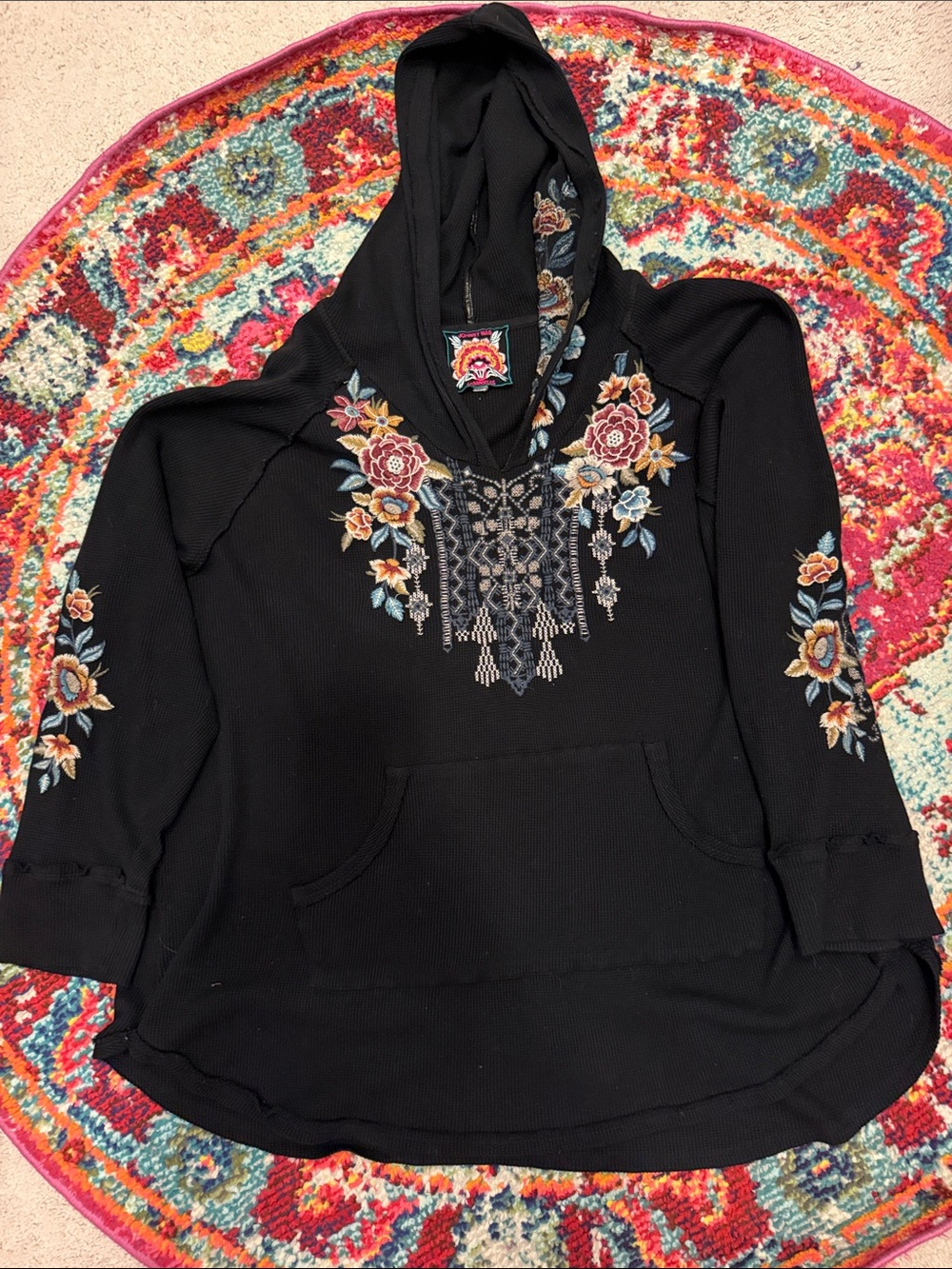 Johnny Was Black Hooded Sweater with Multicolor Floral Embroidery